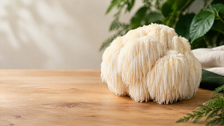 Lion's mane mushroom on a wooden surface for a guide to reading mushroom gummy labels
