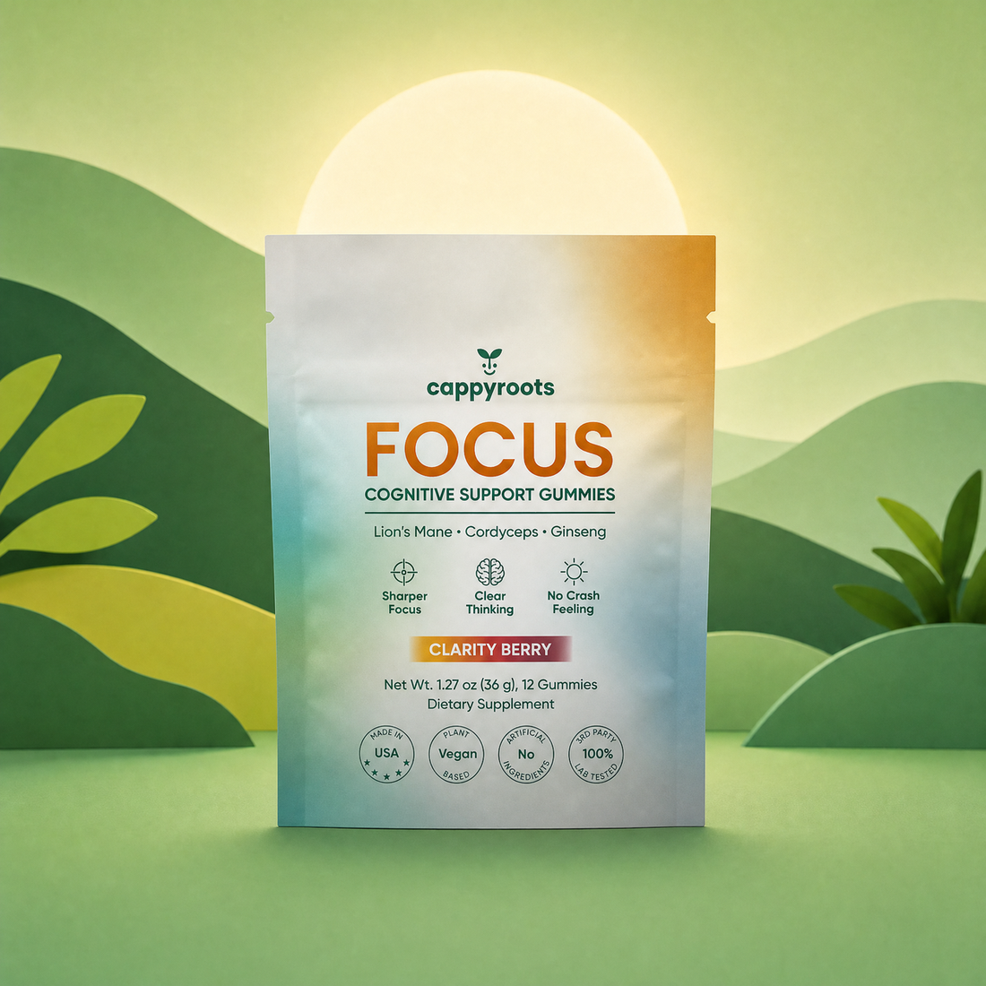 CappyRoots Focus cognitive support gummies pouch, 12 count, Clarity Berry, on a green hillside background